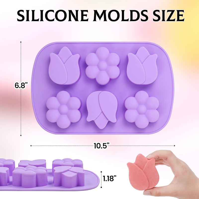 SJ Silicone Soap Molds 2 Packs, Tulip and Different Flower Shapes Soap Molds for Soap Making, 6-Cavity Mold for Craft Soap, Jelly, Chocolate, Candy, Lotion Bar, Bath Bombs & Ice Cube(Purple & Pink) - Image 3